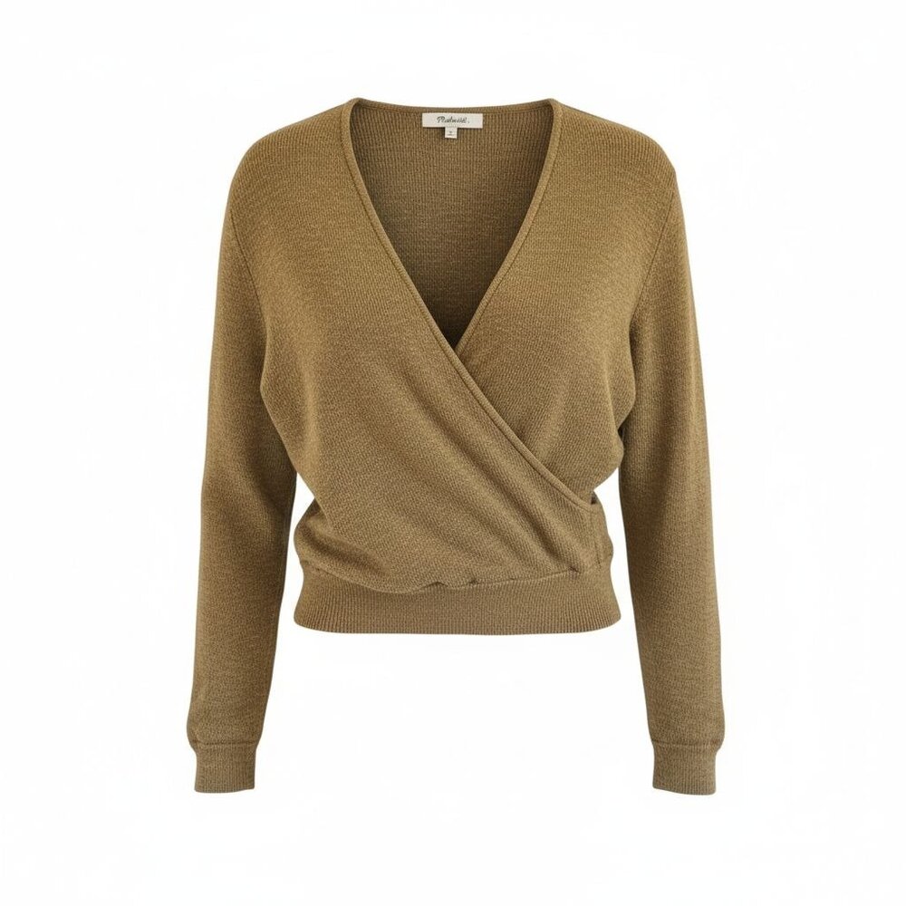 Madewell Womens Surplice Wrap Sweater M Olive Green Cotton Blend Long Sleeve